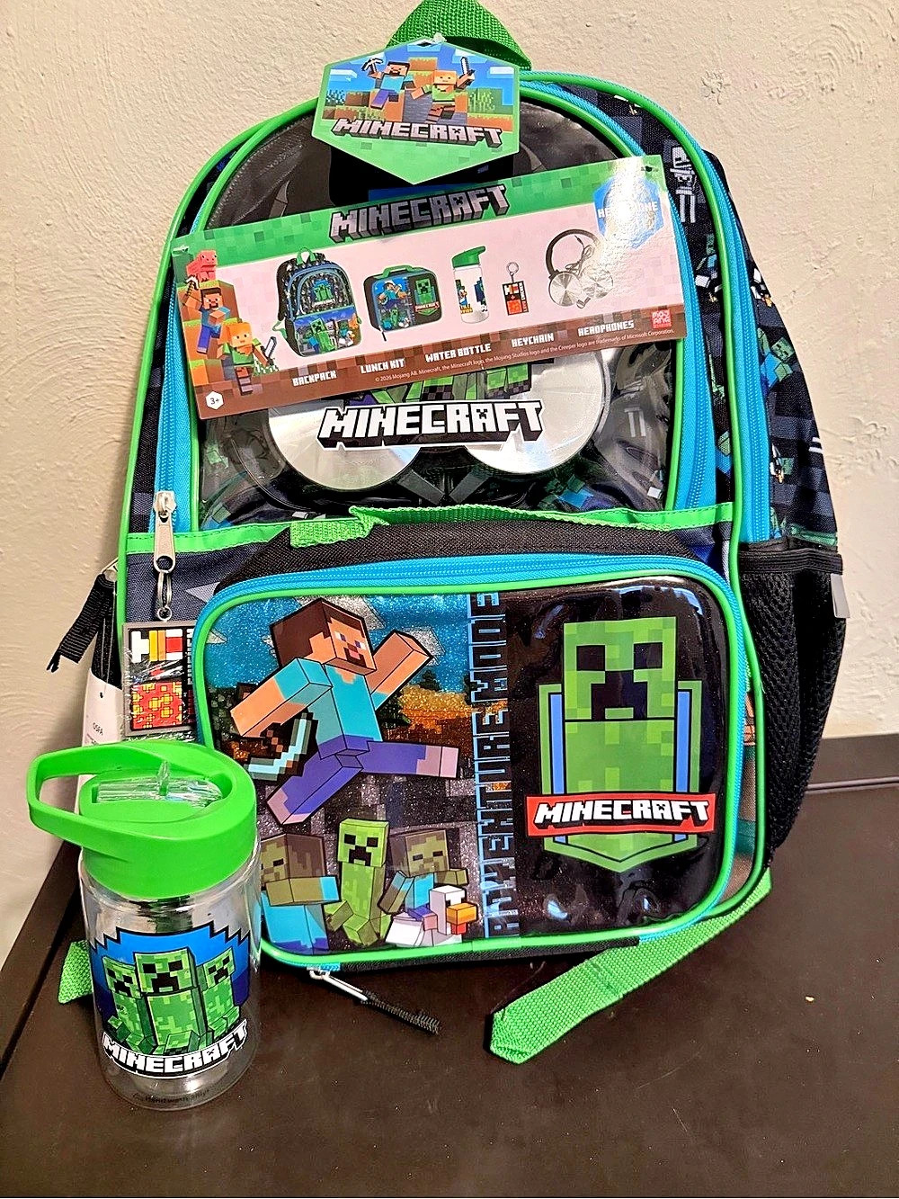 Minecraft Adventure Mode 5-Piece Backpack Set Black & Green